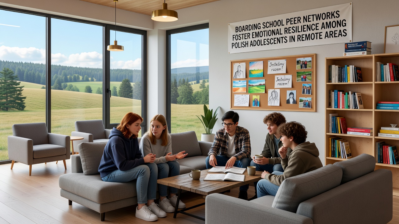 Group of Polish teens in a boarding school common room participating in a peer support discussion