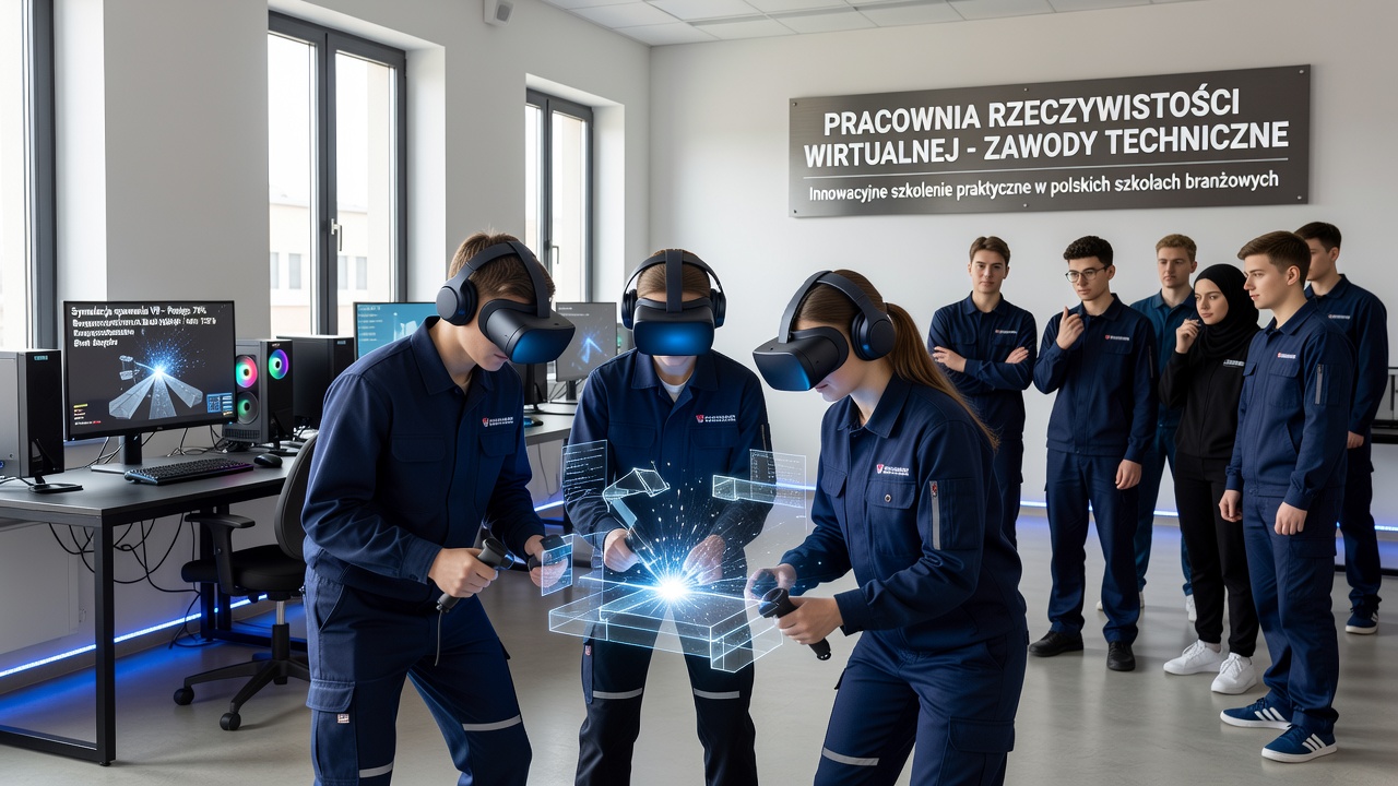 Group of vocational students collaborating in a VR lab environment during a simulated technical procedure in Poland