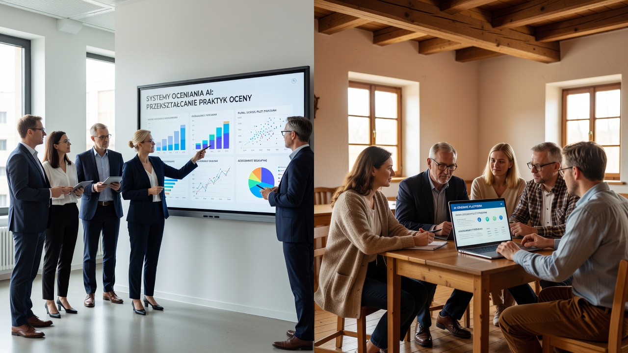Rural Polish classroom where teachers compare AI-generated scores with manual assessments