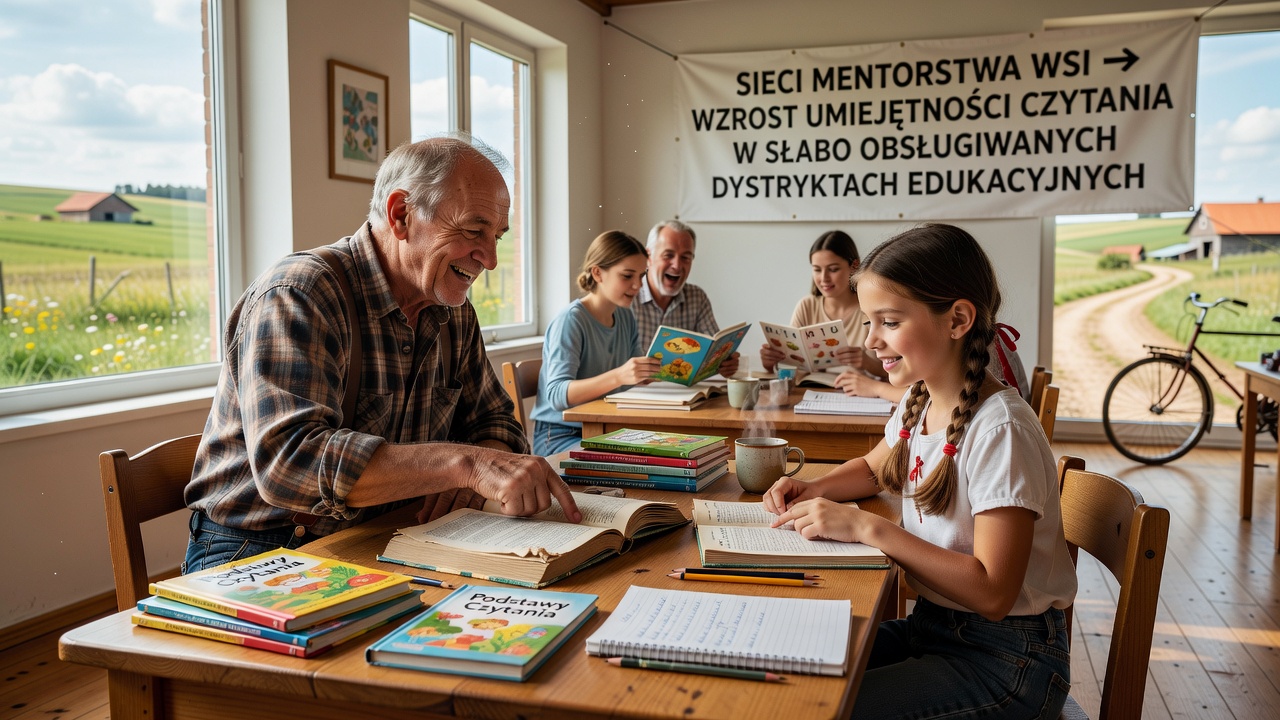 Group of rural Polish students working with a mentor on reading activities in a school library