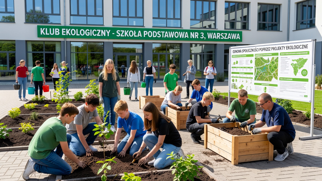 Community members and students collaborating on an outdoor environmental workshop in Poland